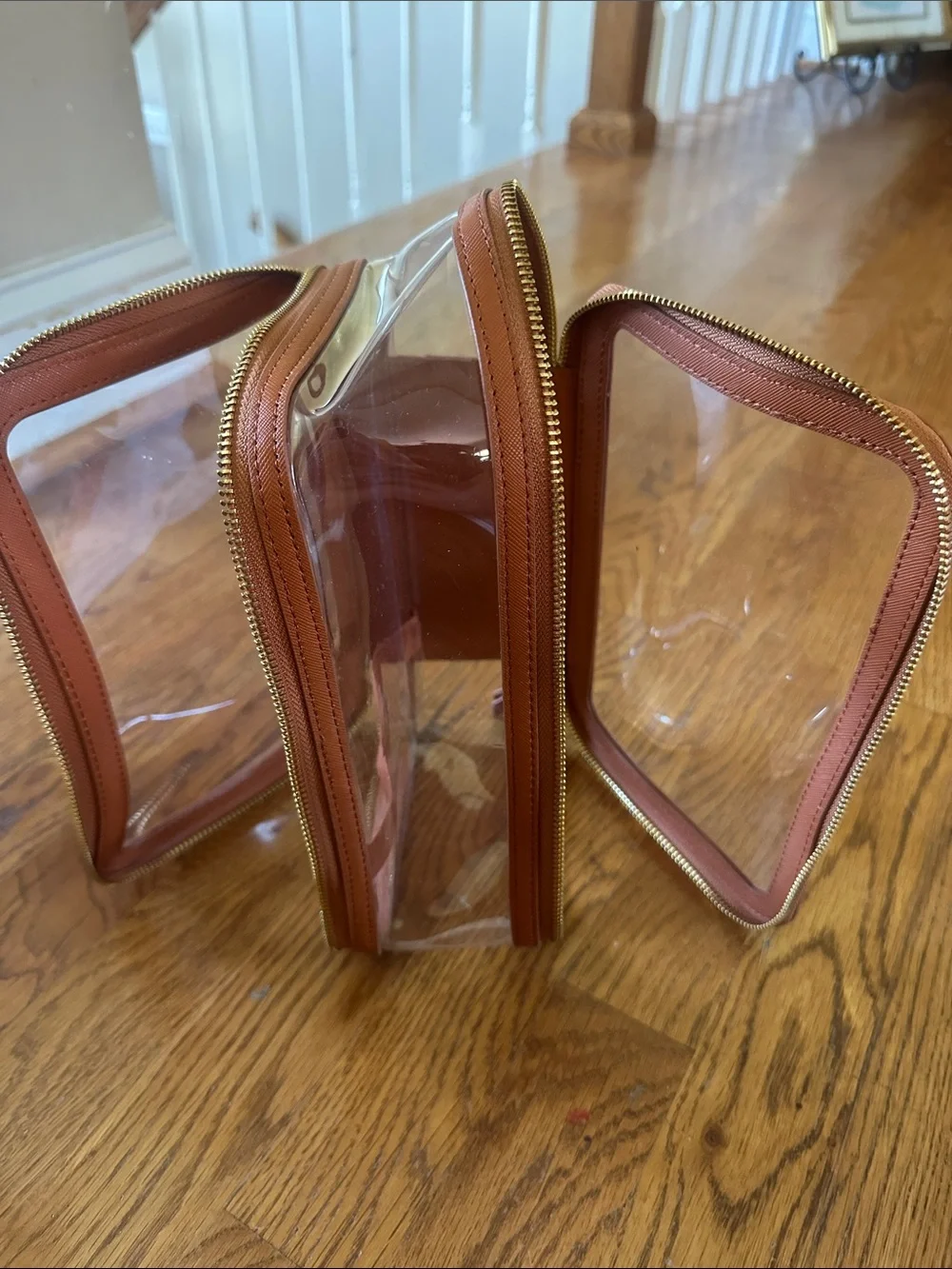 Clear Travel Toiletry Bag in Brown with Gold Zippers
